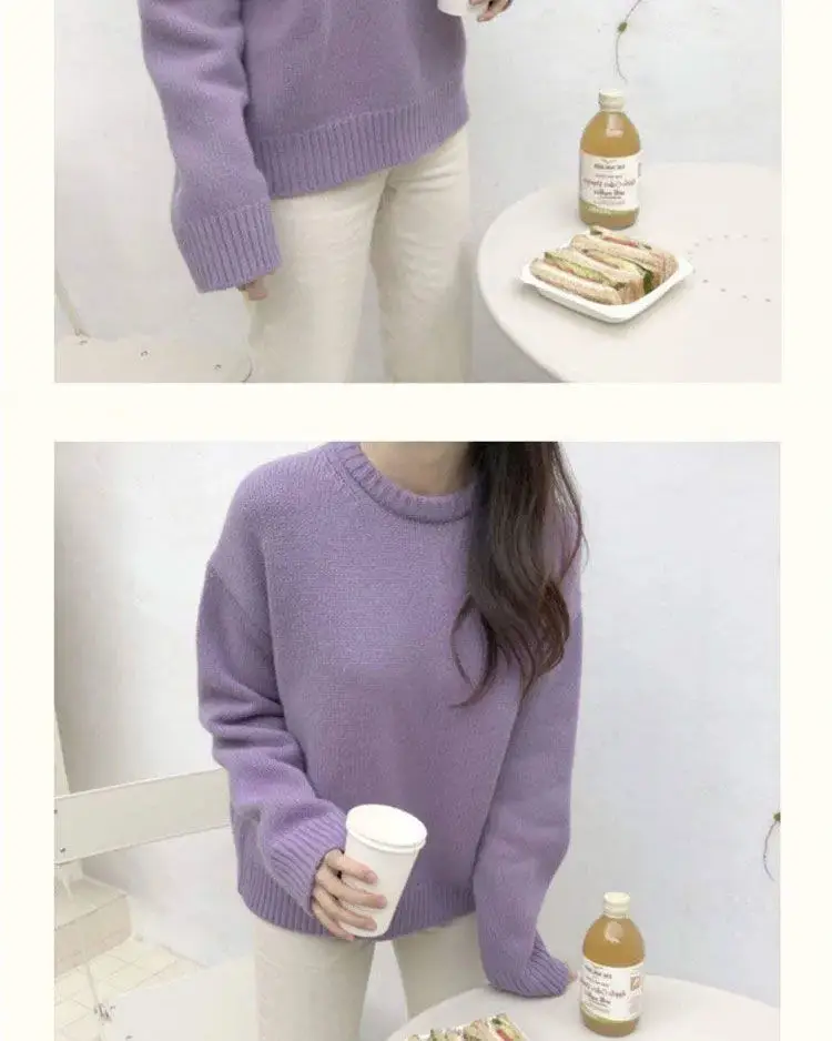 Women Loose Knitted Pullover Sweater Purple Round Neck — feature 7