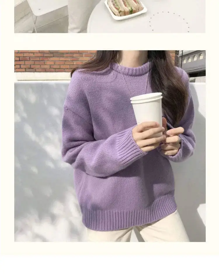 Women Loose Knitted Pullover Sweater Purple Round Neck — feature 8