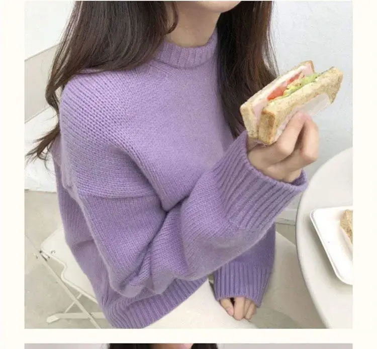 Women Loose Knitted Pullover Sweater Purple Round Neck — feature 9