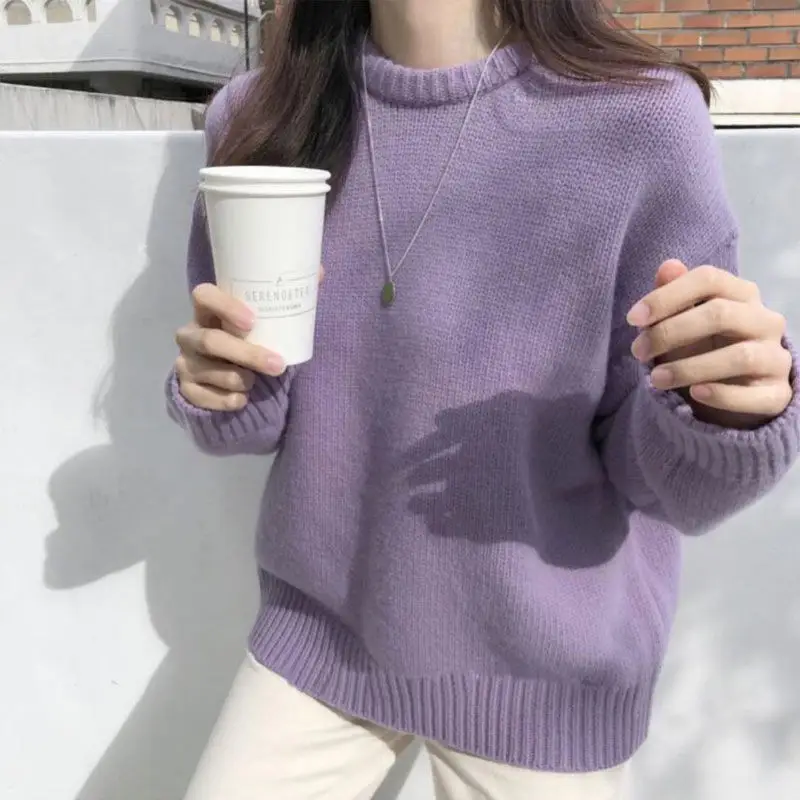 Women Loose Knitted Pullover Sweater Purple Round Neck - Image 2