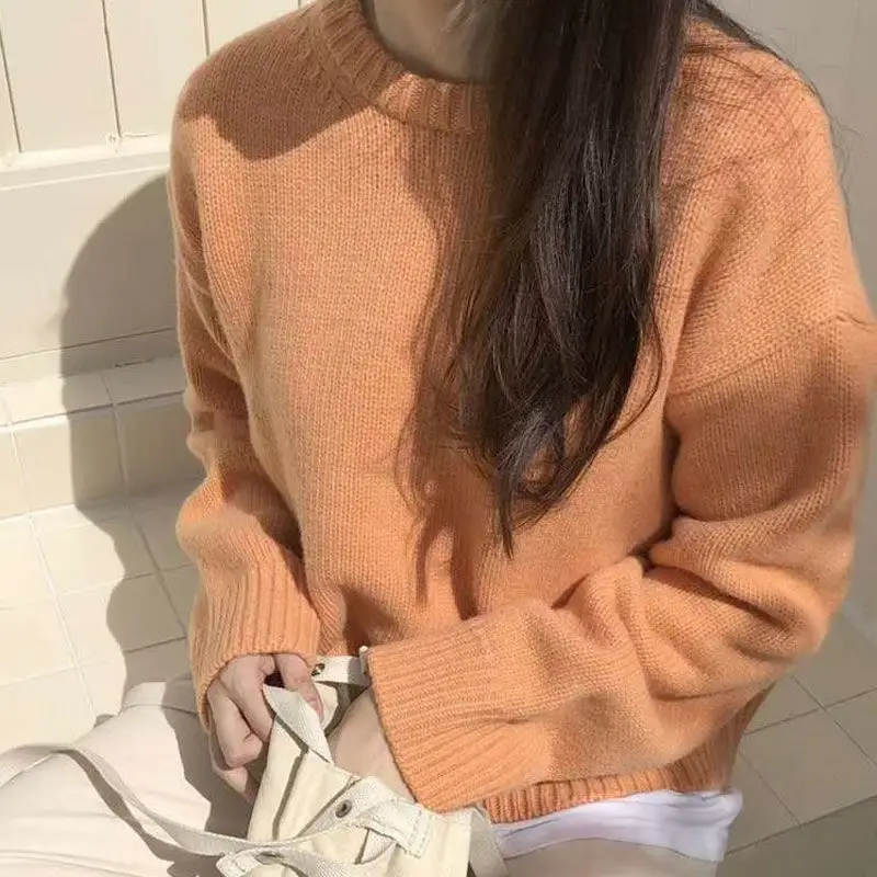 Women Loose Knitted Pullover Sweater Purple Round Neck - Image 4