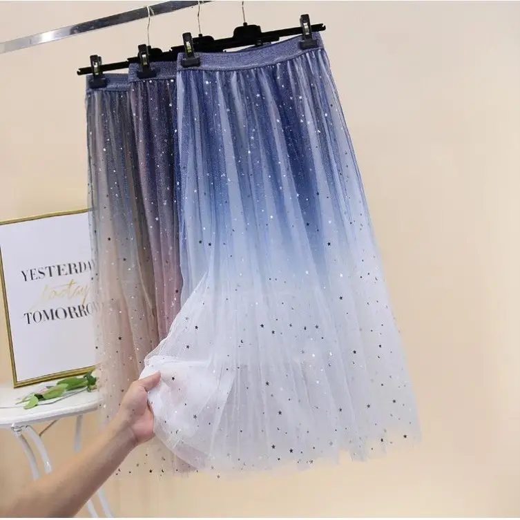 New Gradient Starry Sky Mesh Skirt Mid-Length