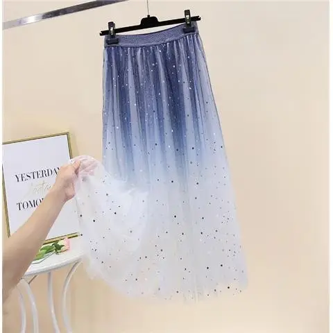 New Gradient Starry Sky Mesh Skirt Mid-Length