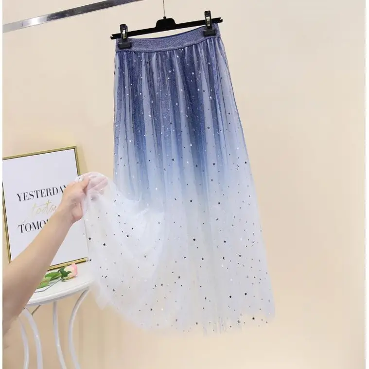 New Gradient Starry Sky Mesh Skirt Mid-Length
