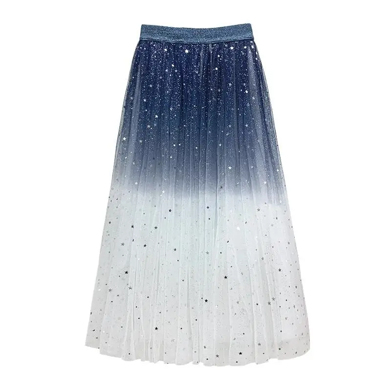 New Gradient Starry Sky Mesh Skirt Mid-Length