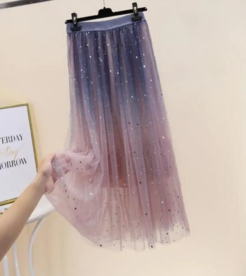 New Gradient Starry Sky Mesh Skirt Mid-Length