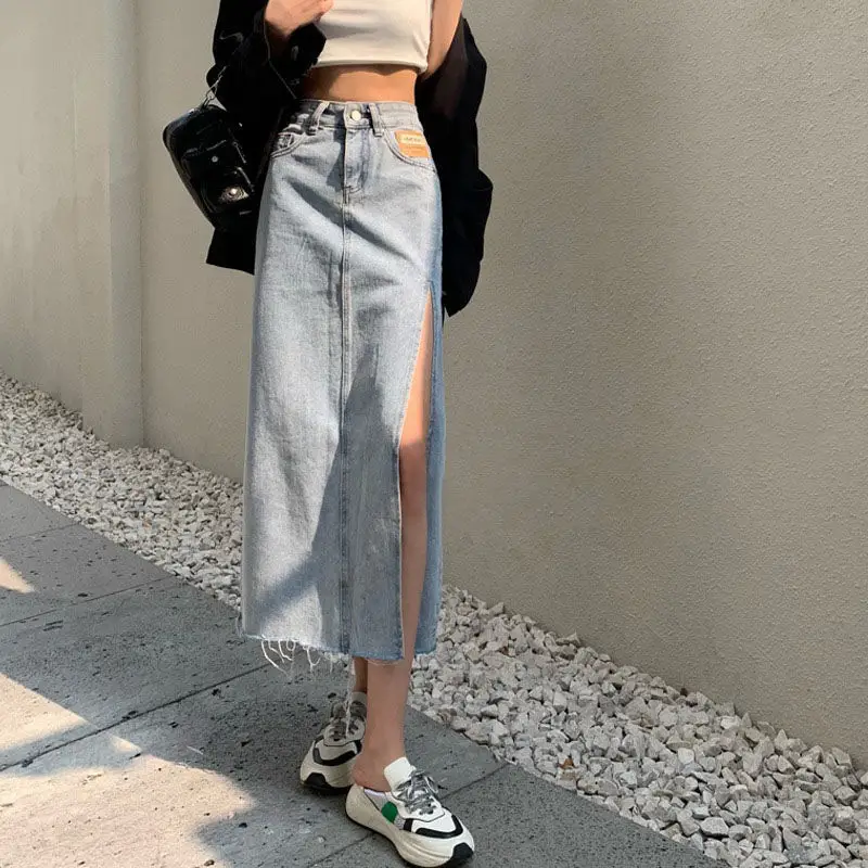 Denim High Waist Slimming Skirt with Split & A-Line - Image 3