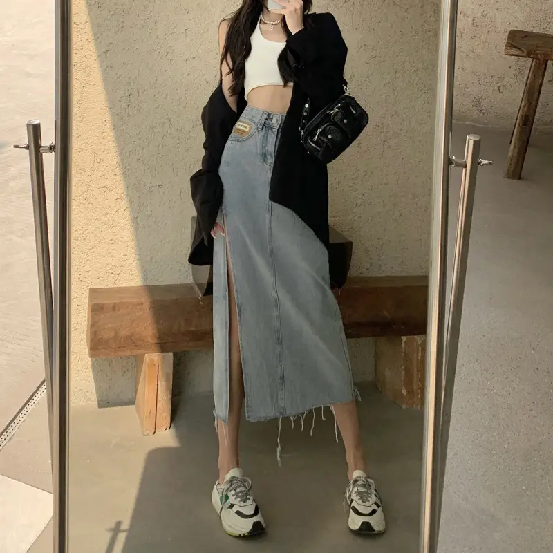 Denim High Waist Slimming Skirt with Split & A-Line - Image 5