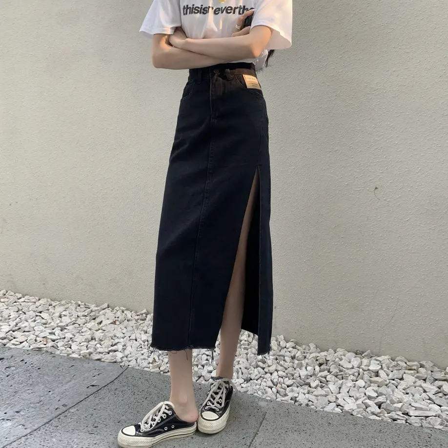 Denim High Waist Slimming Skirt with Split & A-Line - Image 6