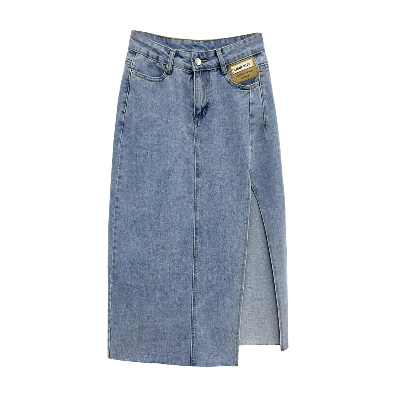 Denim High Waist Slimming Skirt with Split & A-Line - Image 7