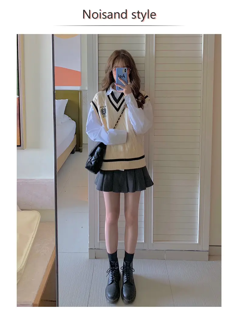 Women's British Style V-Neck Sleeveless Sweater Vest Set — feature 11