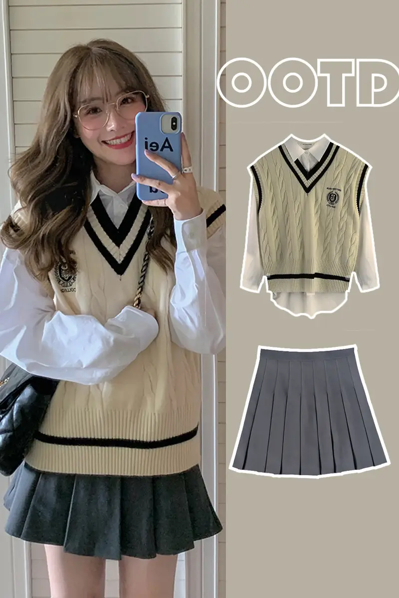 Women's British Style V-Neck Sleeveless Sweater Vest Set — feature 12