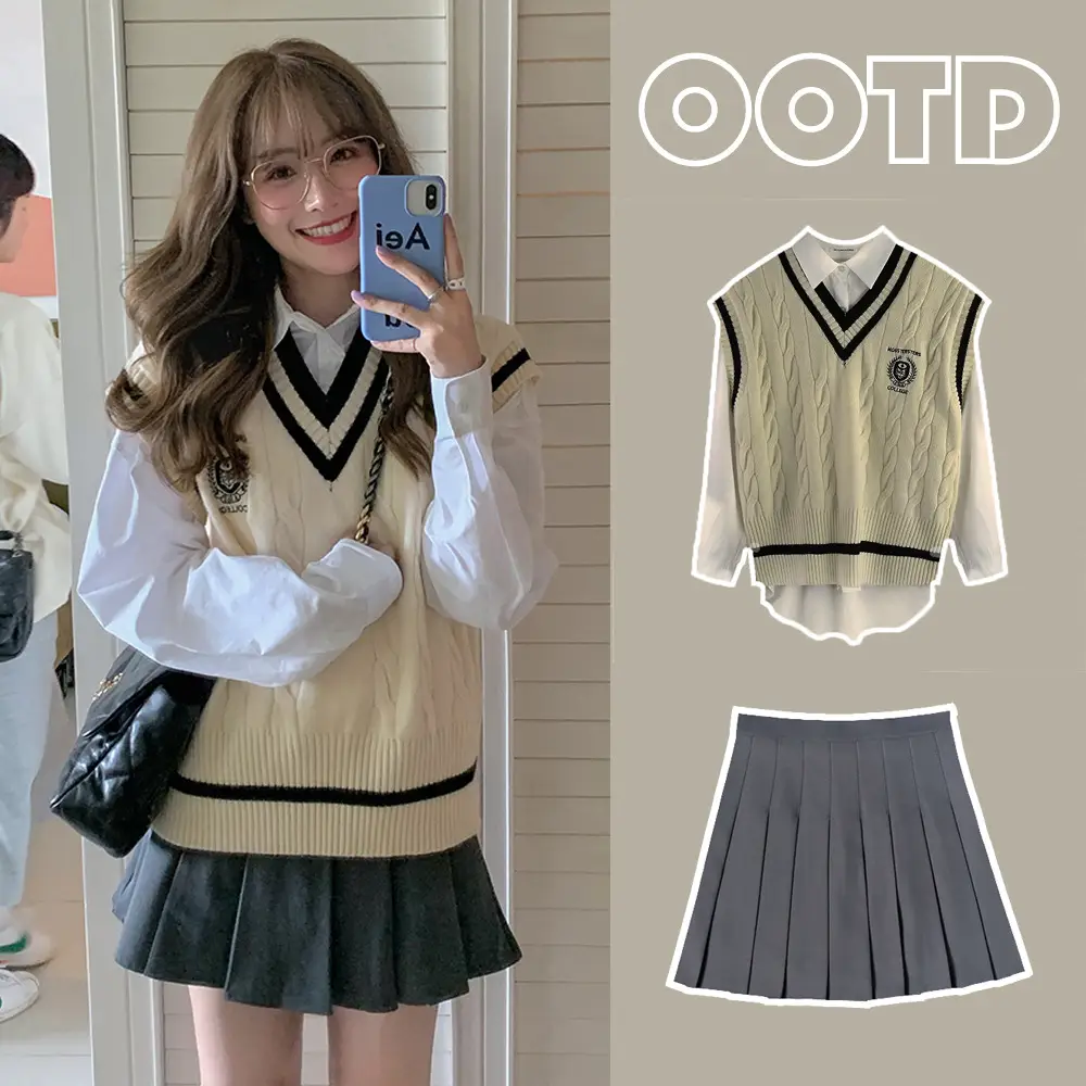 Women's British Style V-Neck Sleeveless Sweater Vest Set - Image 2