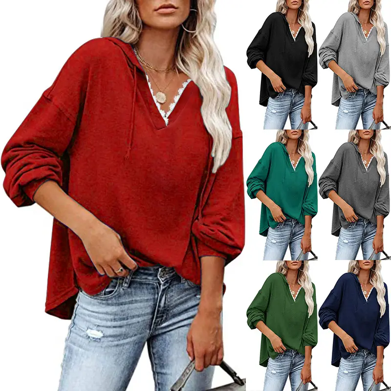 Women's 2023 Grey V Neck Sweatshirt Hooded Long Sleeve