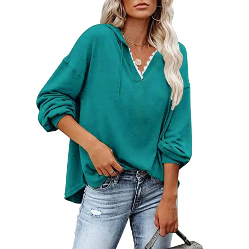 Women's 2023 Grey V Neck Sweatshirt Hooded Long Sleeve