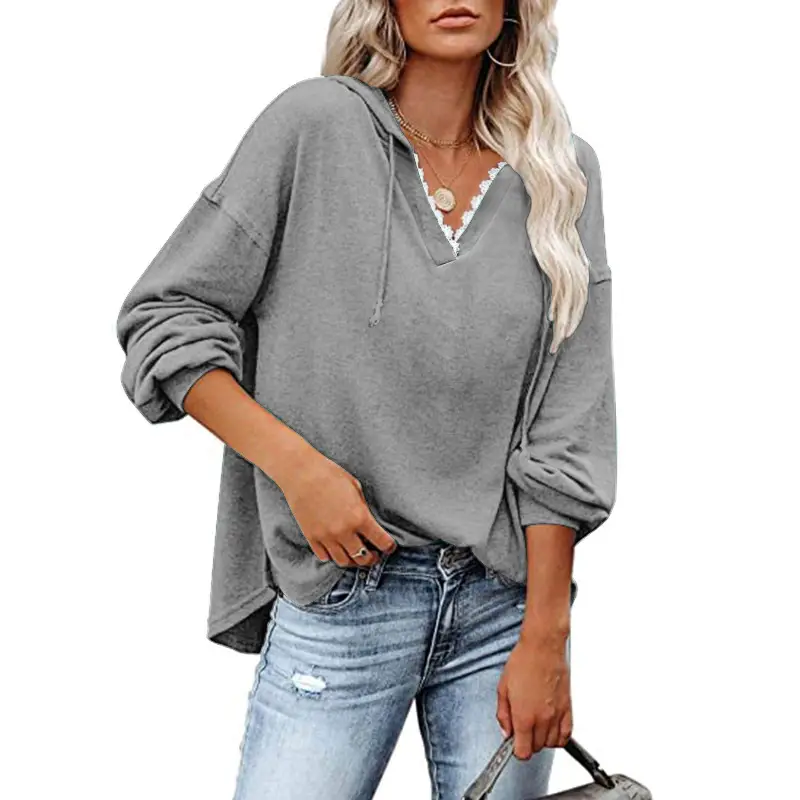 Women's 2023 Grey V Neck Sweatshirt Hooded Long Sleeve