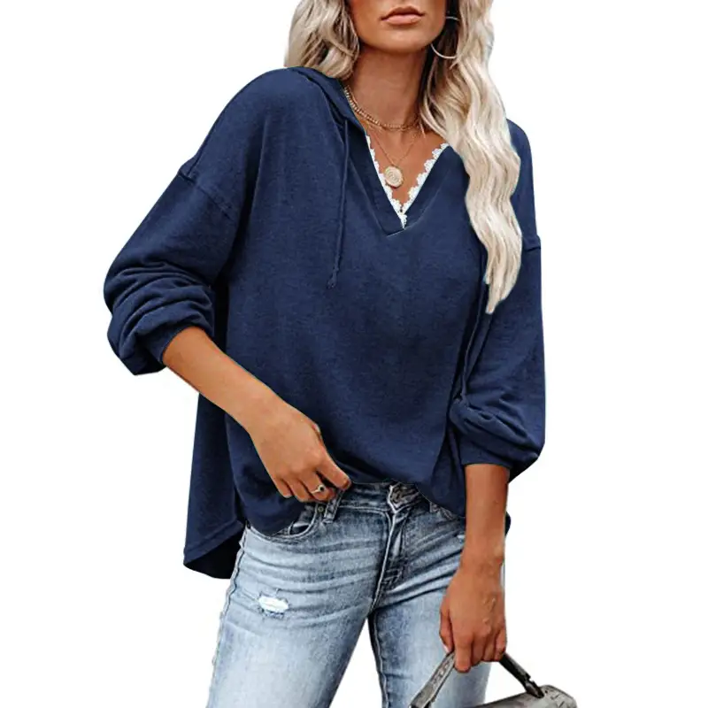 Women's 2023 Grey V Neck Sweatshirt Hooded Long Sleeve
