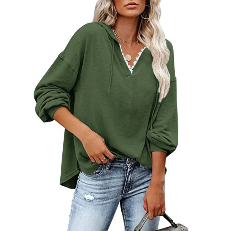 Women's 2023 Grey V Neck Sweatshirt Hooded Long Sleeve