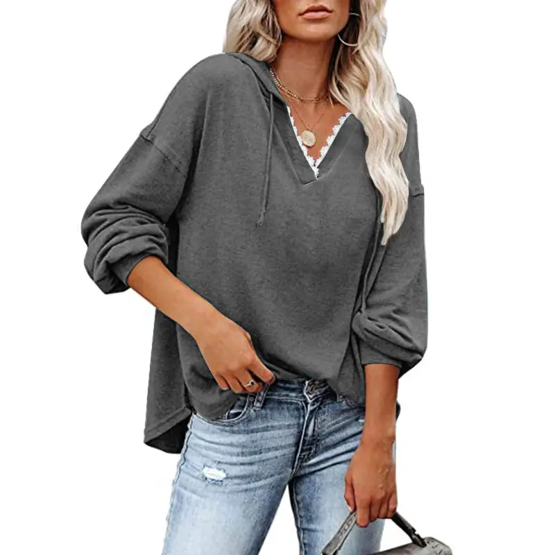 Women's 2023 Grey V Neck Sweatshirt Hooded Long Sleeve