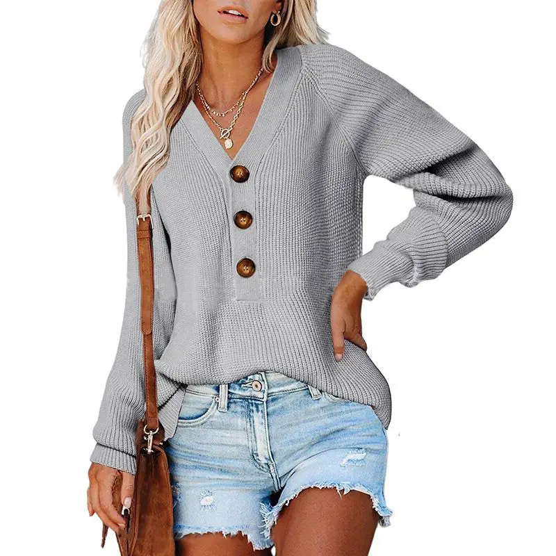 Women Knitted V Neck Button Sweater Black - Image 13