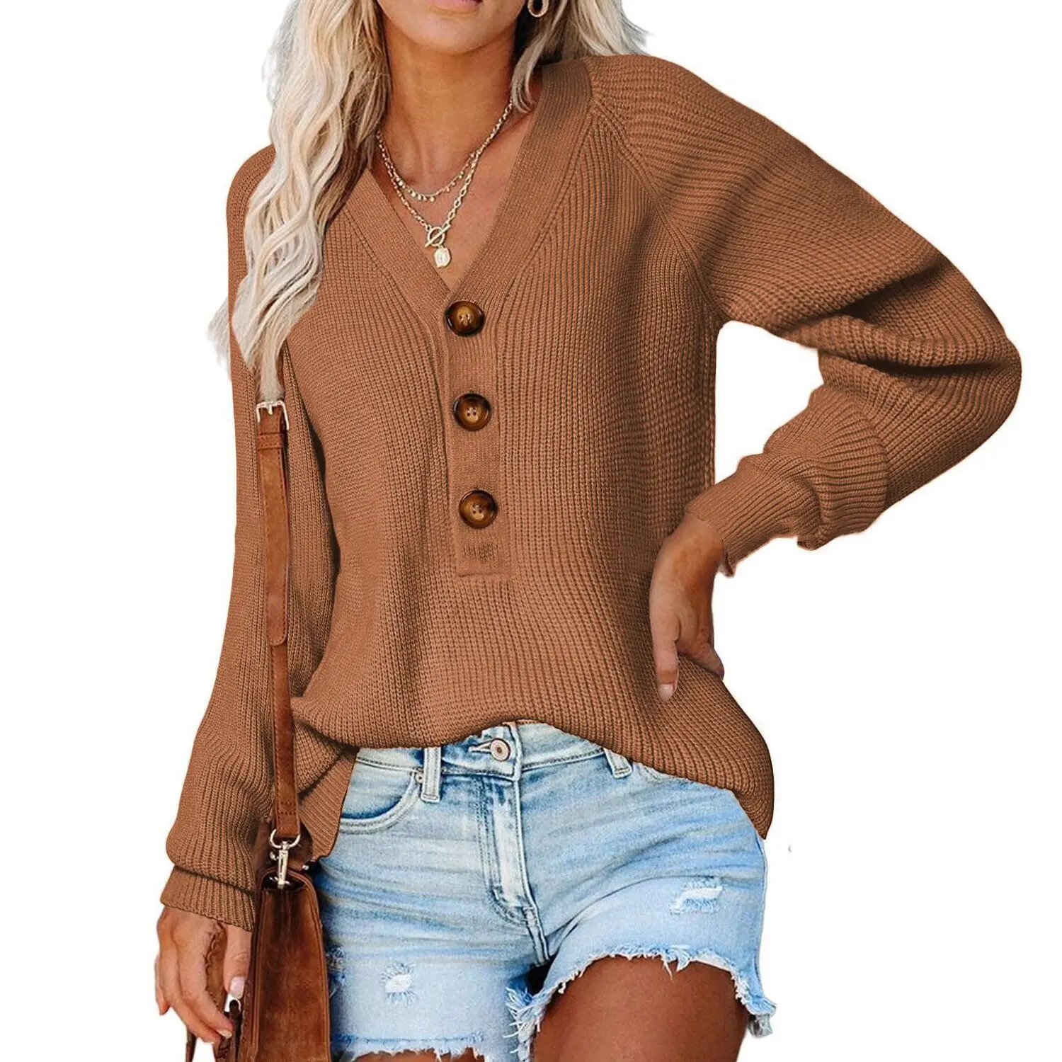Women Knitted V Neck Button Sweater Black - Image 16