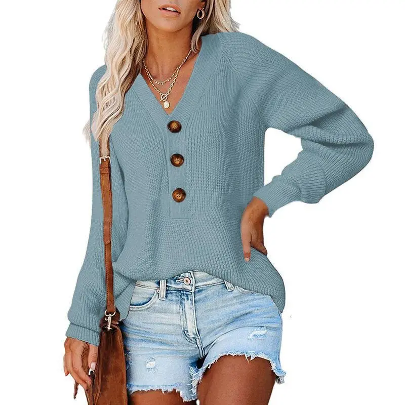 Women Knitted V Neck Button Sweater Black - Image 11