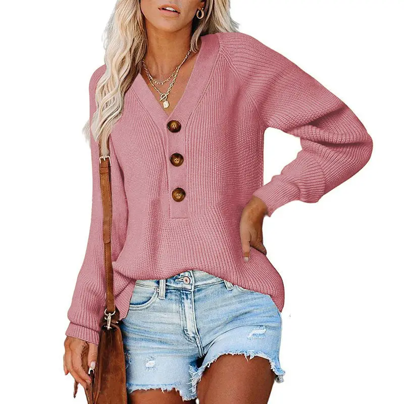 Women Knitted V Neck Button Sweater Black - Image 3