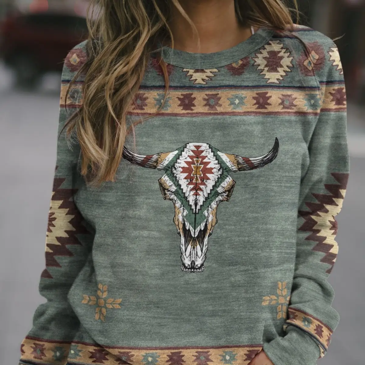 Women's 2022 Western Print Sweatshirt with Cow Head Design - Image 2