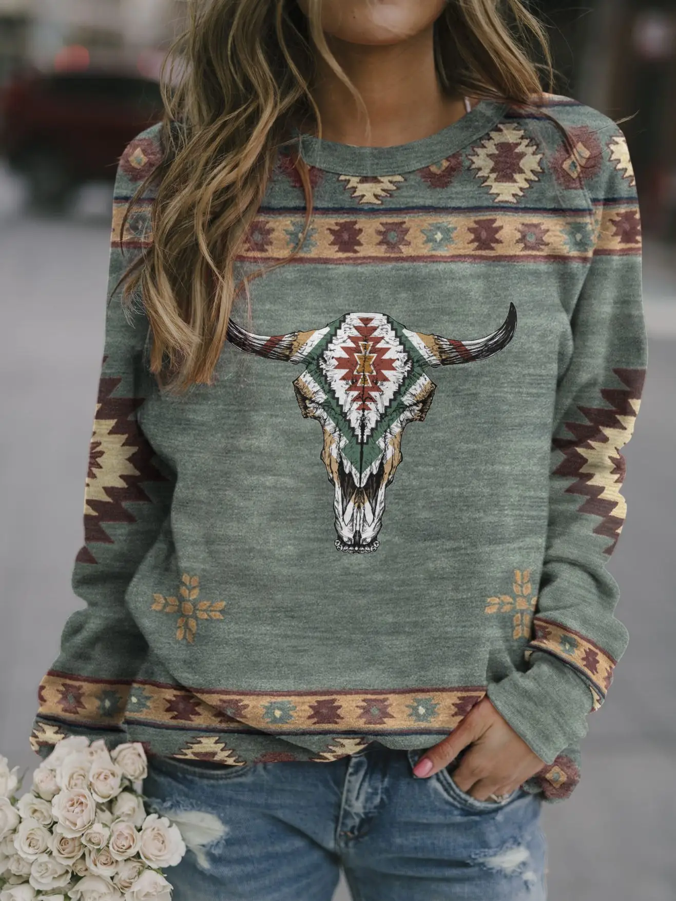 Women's 2022 Western Print Sweatshirt with Cow Head Design - Image 3