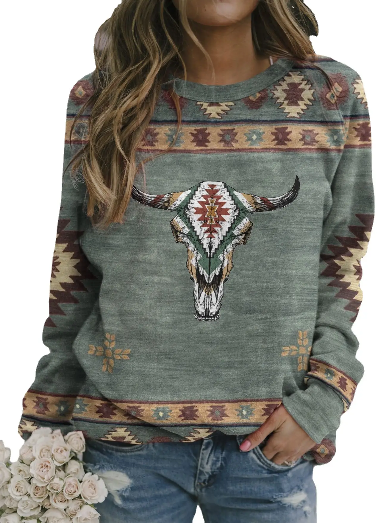 Women's 2022 Western Print Sweatshirt with Cow Head Design - Image 4