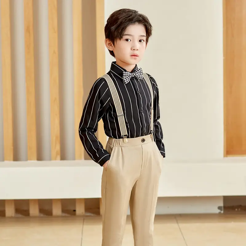 Children's Long Sleeve Shirt Trousers Set with Bow Tie