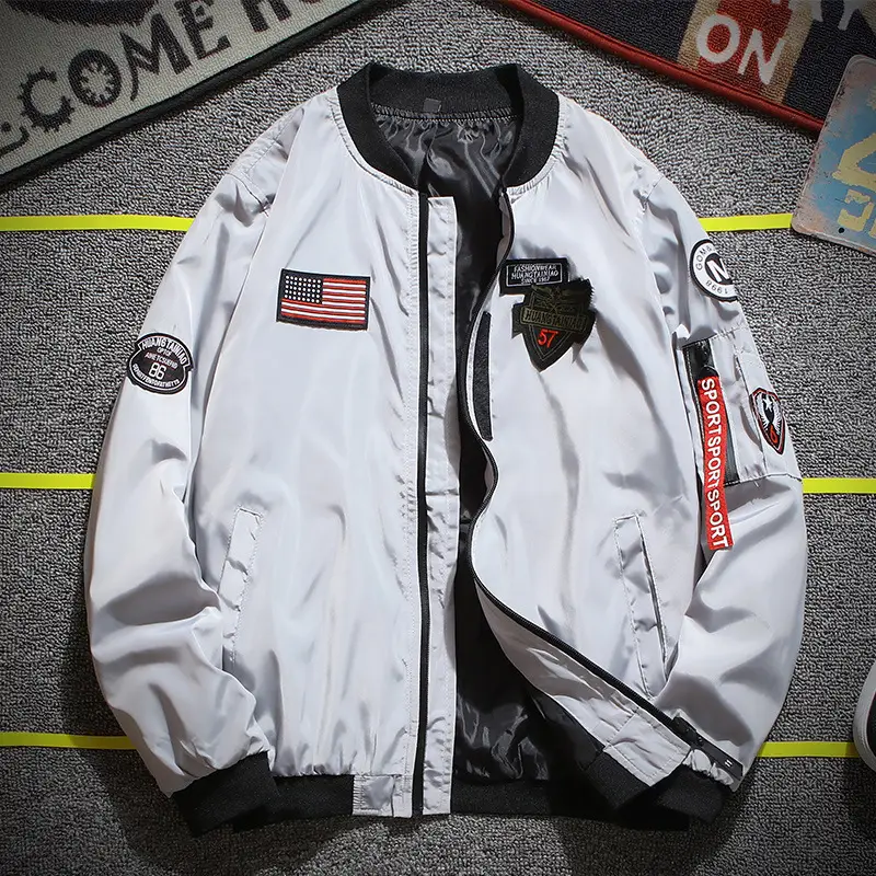 Men's Navy Blue Bomber Jacket with American Flag & Patch - Image 7