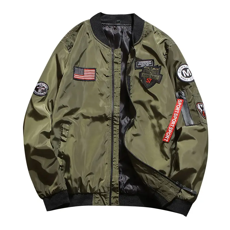 Men's Navy Blue Bomber Jacket with American Flag & Patch - Image 8