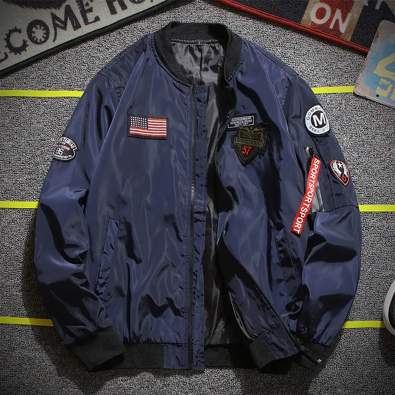 Men's Navy Blue Bomber Jacket with American Flag & Patch - Image 2
