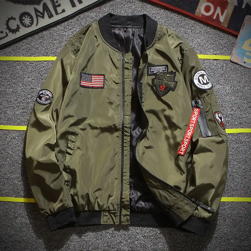 Men's Navy Blue Bomber Jacket with American Flag & Patch - Image 3