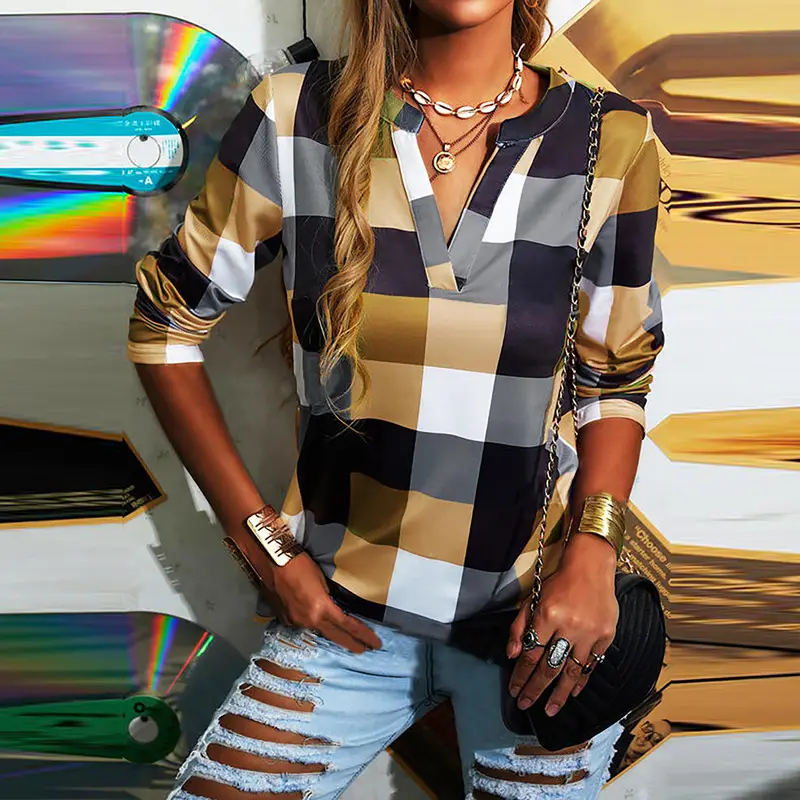 2021 Plaid V-Neck Long Sleeve Women's T-Shirt - Image 4