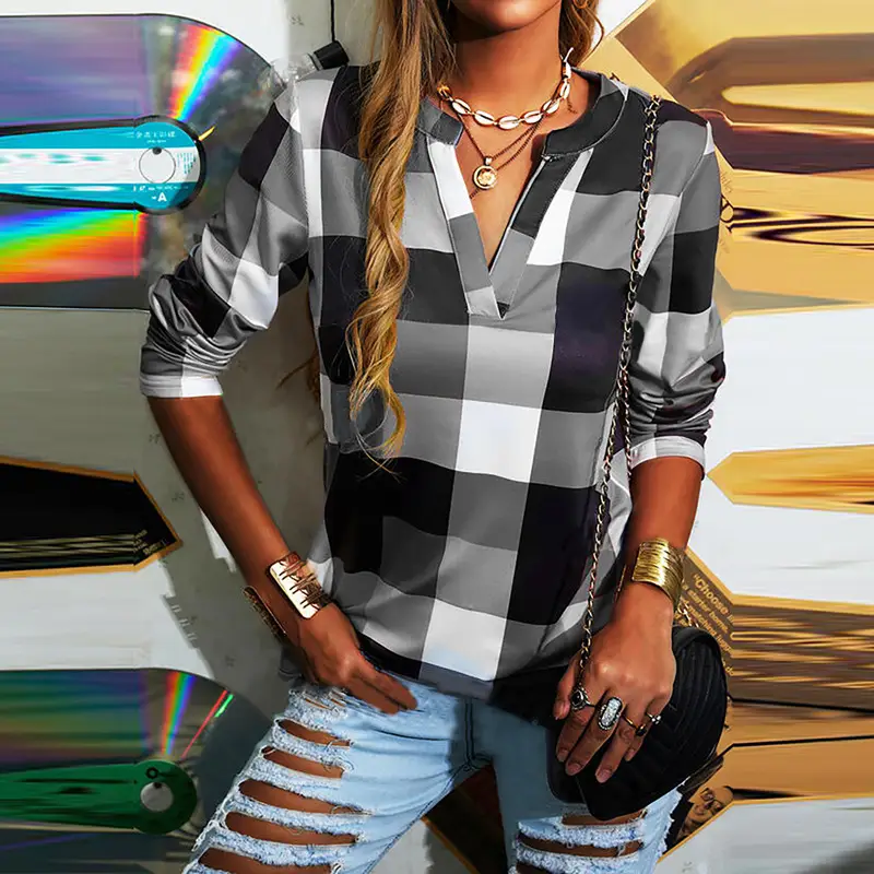 2021 Plaid V-Neck Long Sleeve Women's T-Shirt - Image 5