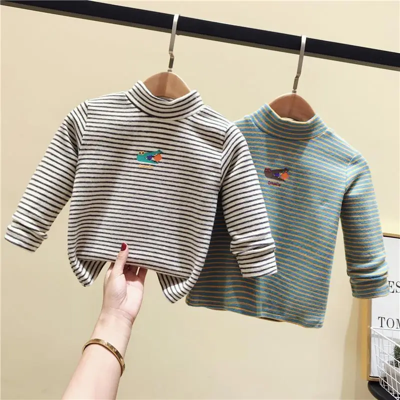 Baby Fleece Striped Half-High Collar T-Shirt