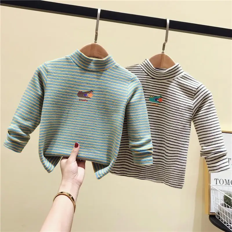Baby Fleece Striped Half-High Collar T-Shirt