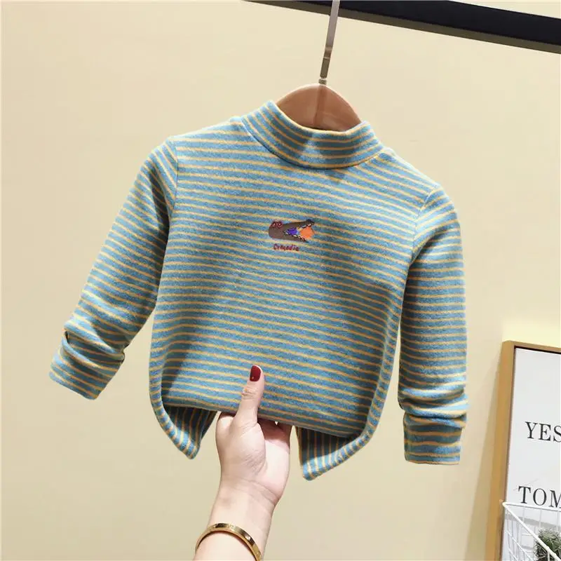 Baby Fleece Striped Half-High Collar T-Shirt