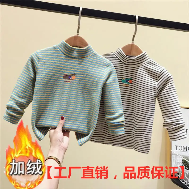 Baby Fleece Striped Half-High Collar T-Shirt