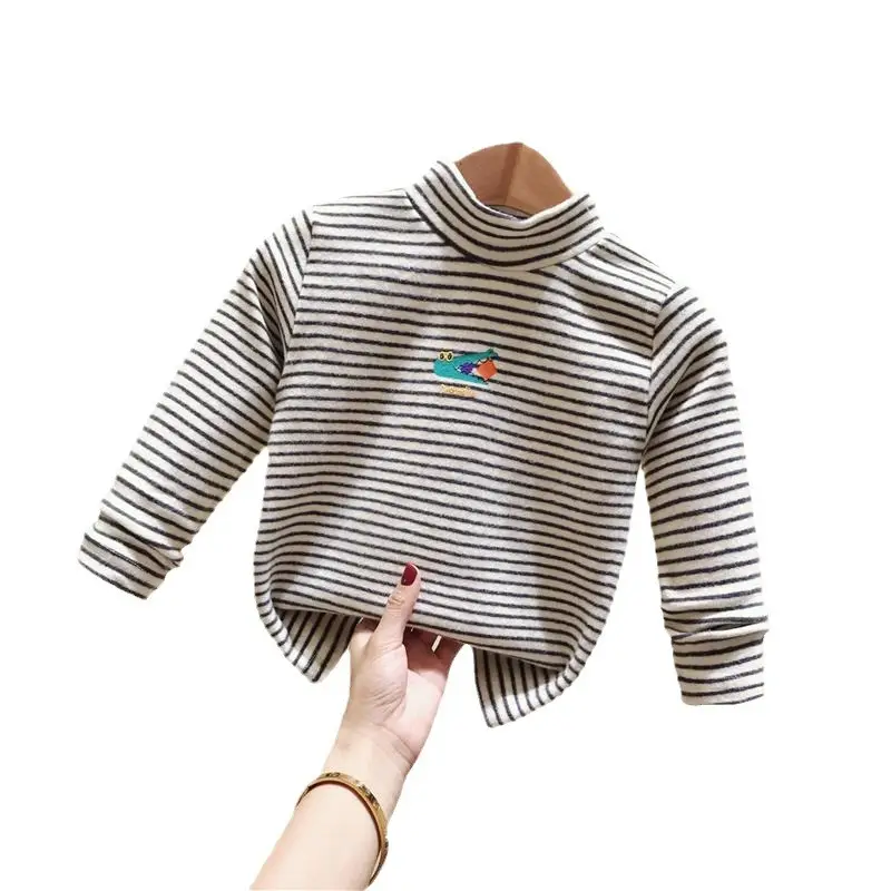 Baby Fleece Striped Half-High Collar T-Shirt