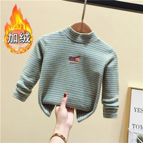 Baby Fleece Striped Half-High Collar T-Shirt