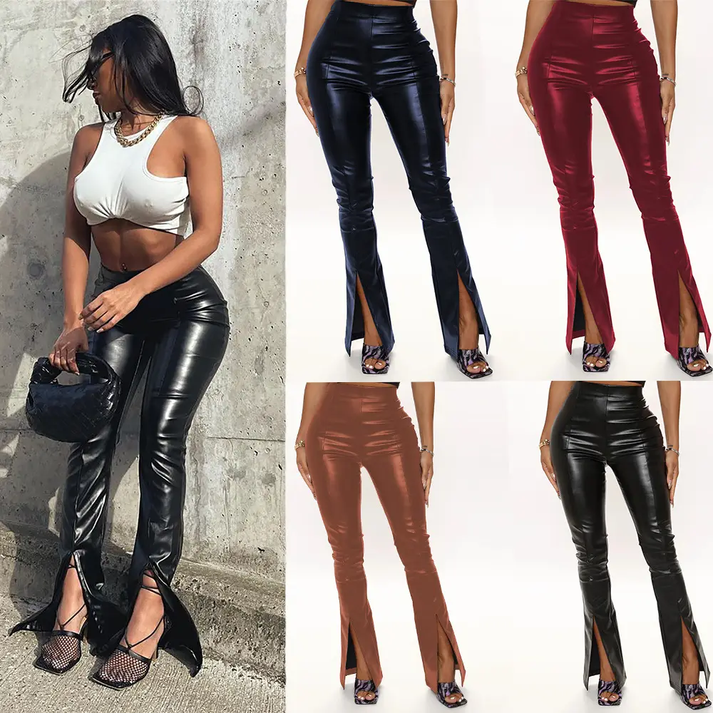 Black PU Leather Flared High Waist Split Pants - Image 4