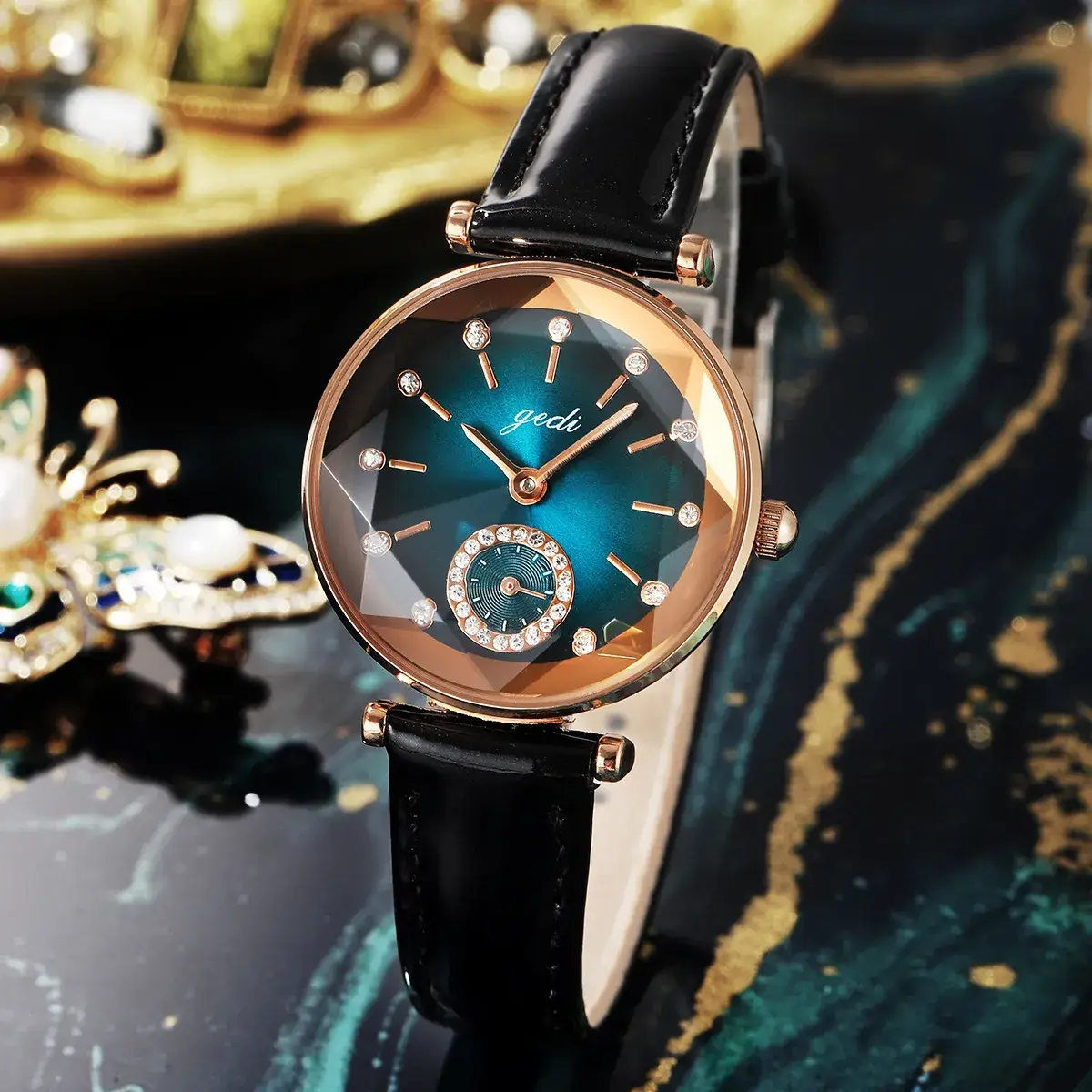 Goldstone Women's Rhinestone Belt Watch with Green Leather Strap - Image 5