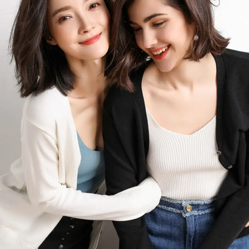 Black Knit V Neck Cardigan Women Long Sleeve - Image 16
