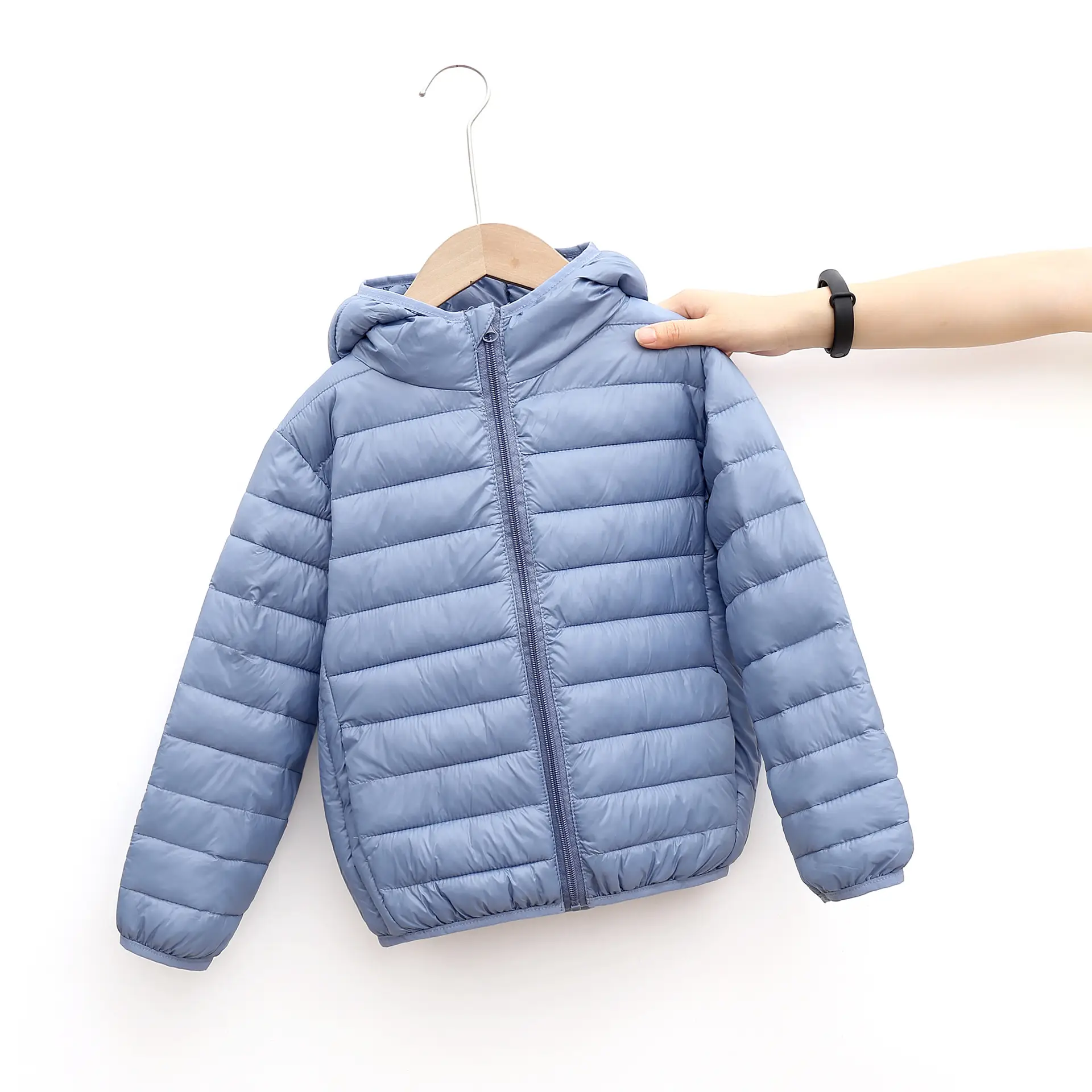 Light Blue Hooded Cotton Puffer Jacket for Boys Girls Large - Image 5