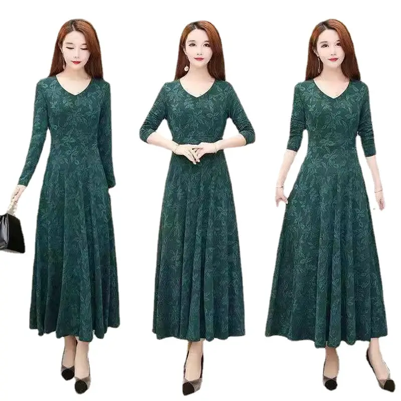 Women's Red Lace Long Sleeve Waist Slimming Dress Large Hem - Image 6