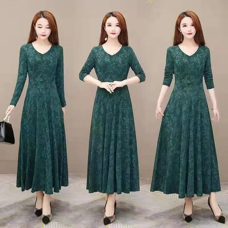 Women's Red Lace Long Sleeve Waist Slimming Dress Large Hem - Image 2