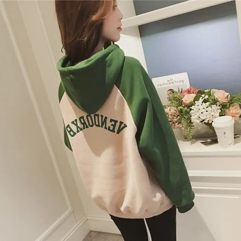 Women Velvet K-Style Hoodie Green Beige Long Sleeve - Image 6